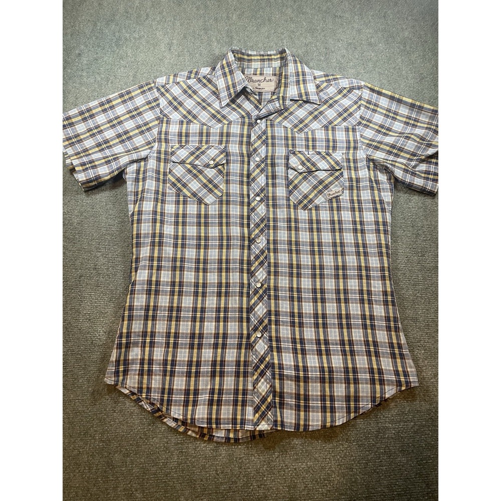 WRANGLER Men's Size M Blue & Yellow Plaid Pearl Snap Western Short Sleeve Shirt